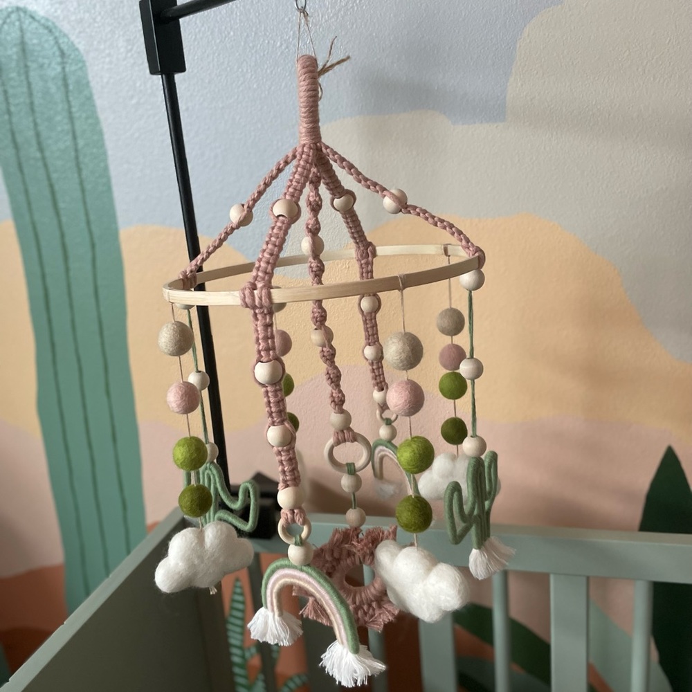 Boho macrame cactus and rainbow baby mobile hanging nursery decor